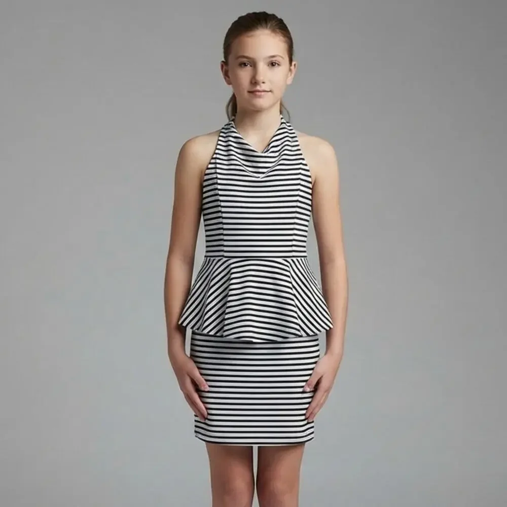 Ava & Yelly Girls Dress Size 16 Black White Stripe Romper Twirl Peplum USA